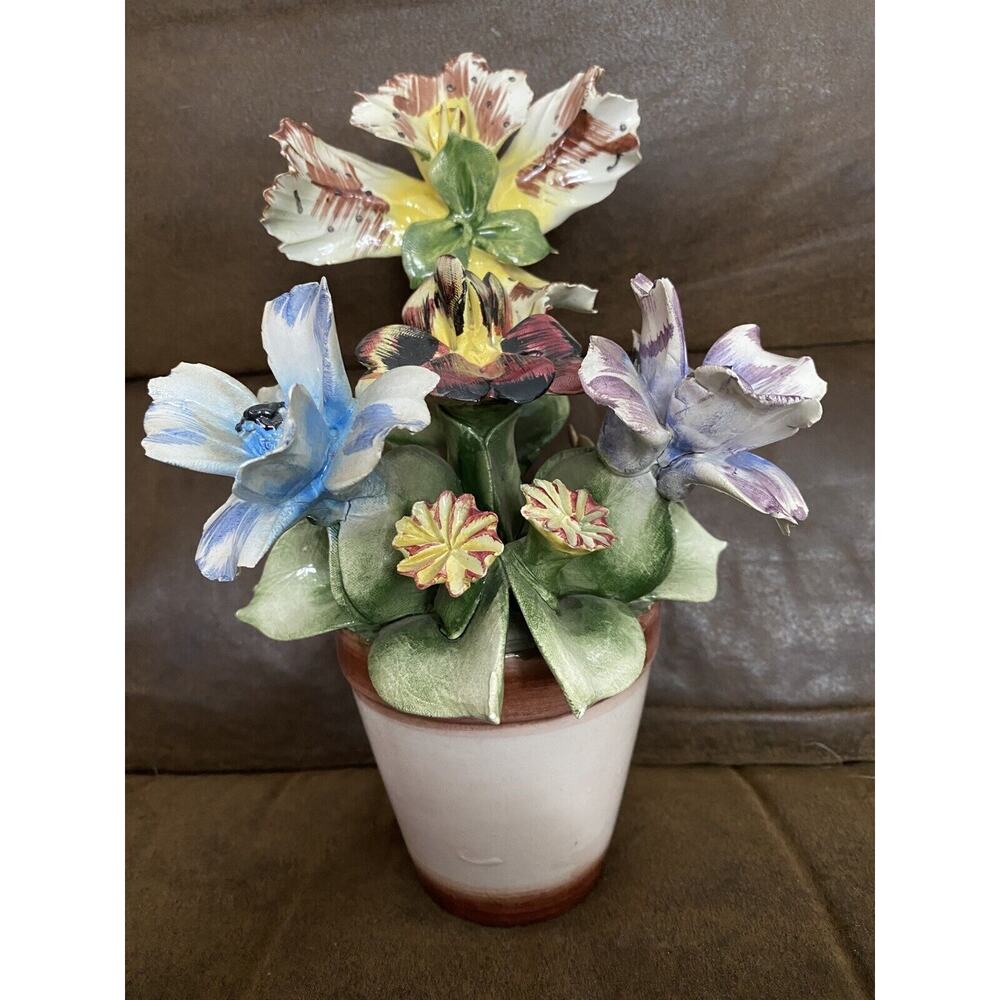 Antique Capodimonte Italian Iris Phlox, Carnation Floral In Pot